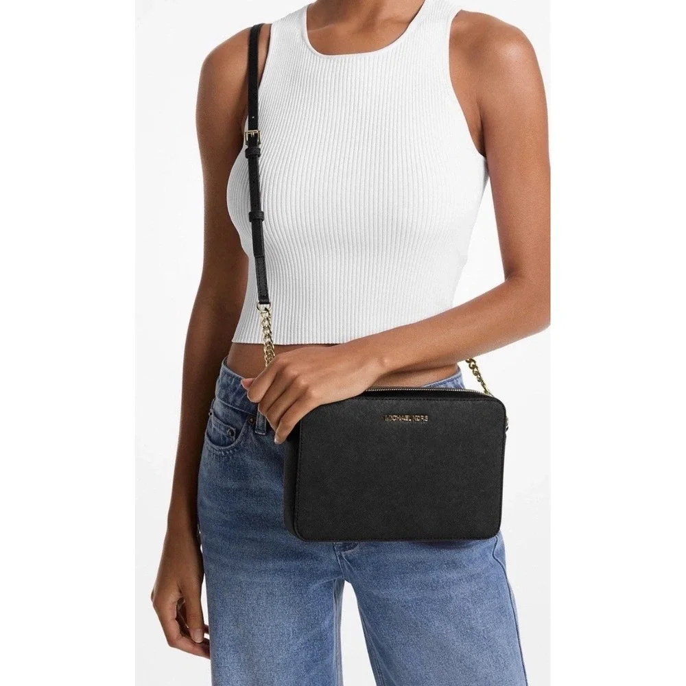 Michael Kors Jet Set Item Large East West Black Gold Crossbody Bag $378